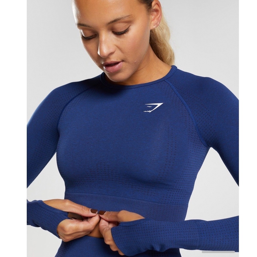 Gymshark Vital Seamless 2.0 Long Sleeve Crop Top Indigo Blue Marl Small